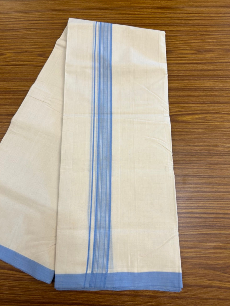25% Discount ! KaithariKada Handloom Millpaav Balaramapuram - 100% PURE Cotton OFF White (Unbleached) Double Mundu/Dothi - 80x90 - 1.25 inch Blue Shaded Striped Kara 4 Meters (8.5 Muzham) - 29 KK5256 RAM