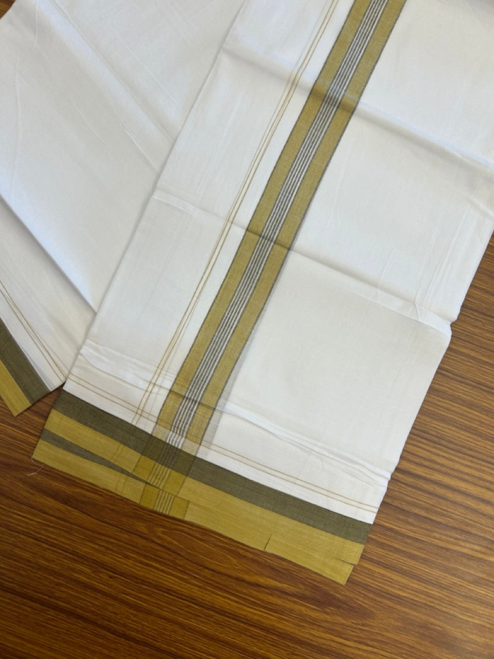20% Discount! KaithariKada Balaramapuram 100% Cotton Double Pure white Mundu/Dhoti- 100X80 - 1.5 inch Mustard Yellow & Ash Black striped Shaded kara - 3.90mtr ( 8 muzham) - 27 KK5280 VIN