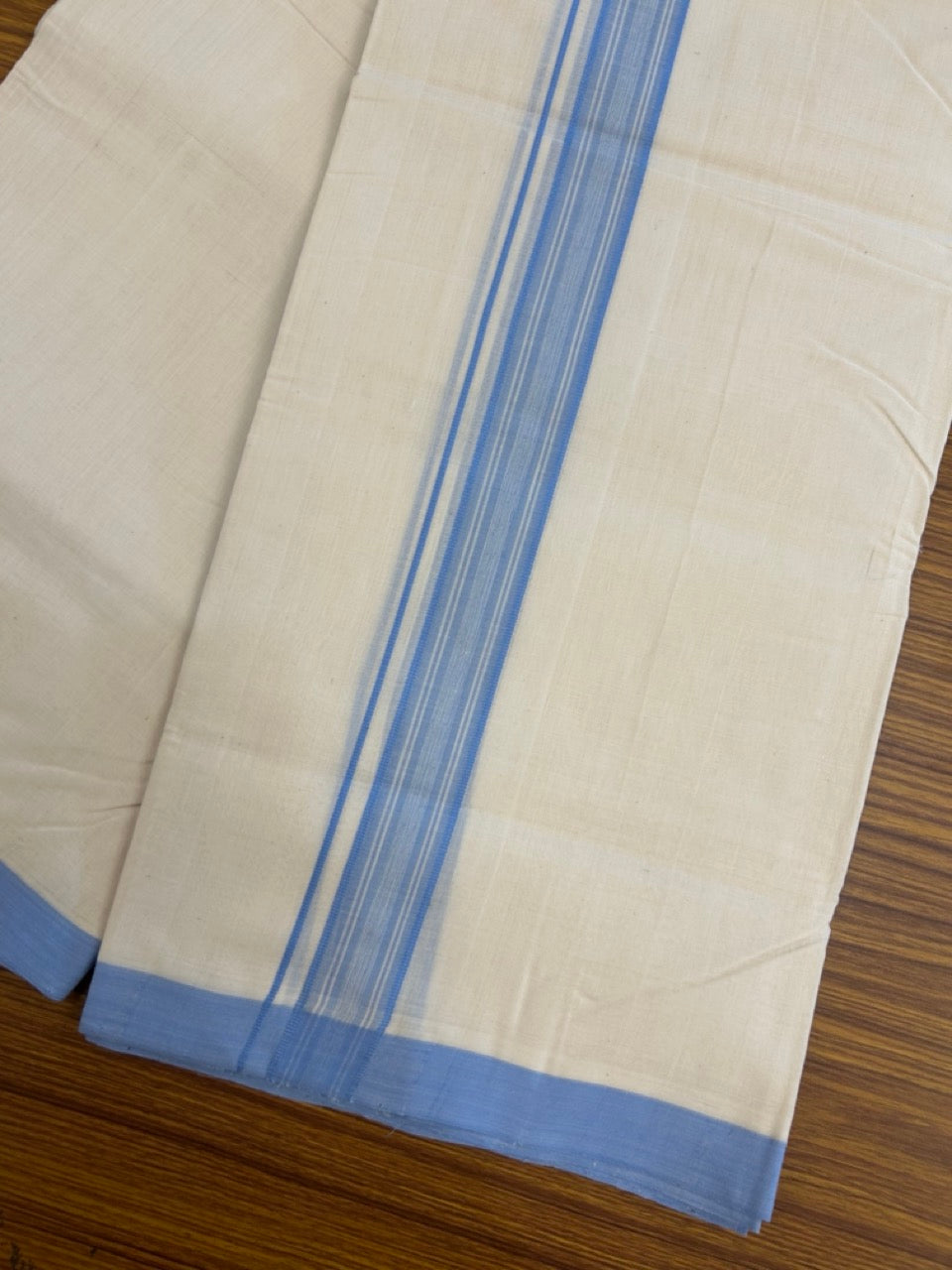25% Discount ! KaithariKada Handloom Millpaav Balaramapuram - 100% PURE Cotton OFF White (Unbleached) Double Mundu/Dothi - 80x90 - 1.25 inch Blue Shaded Striped Kara 4 Meters (8.5 Muzham) - 29 KK5256 RAM