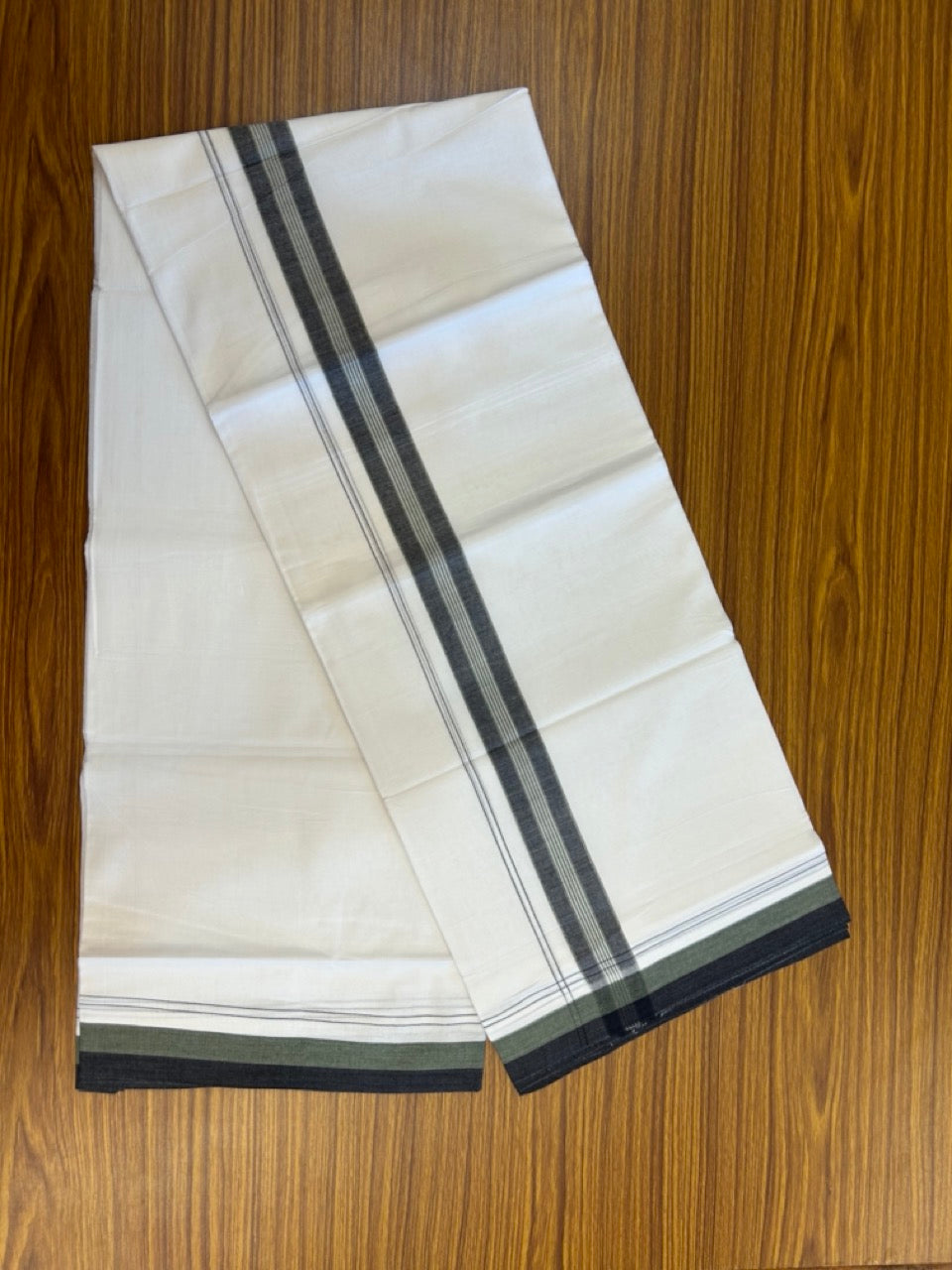 20% Discount! KaithariKada Balaramapuram 100% Cotton Double Pure white Mundu/Dhoti- 100X80 - 1.5 inch Green & Black striped Shaded kara - 3.90mtr ( 8 muzham) - 22 KK5280 VIN