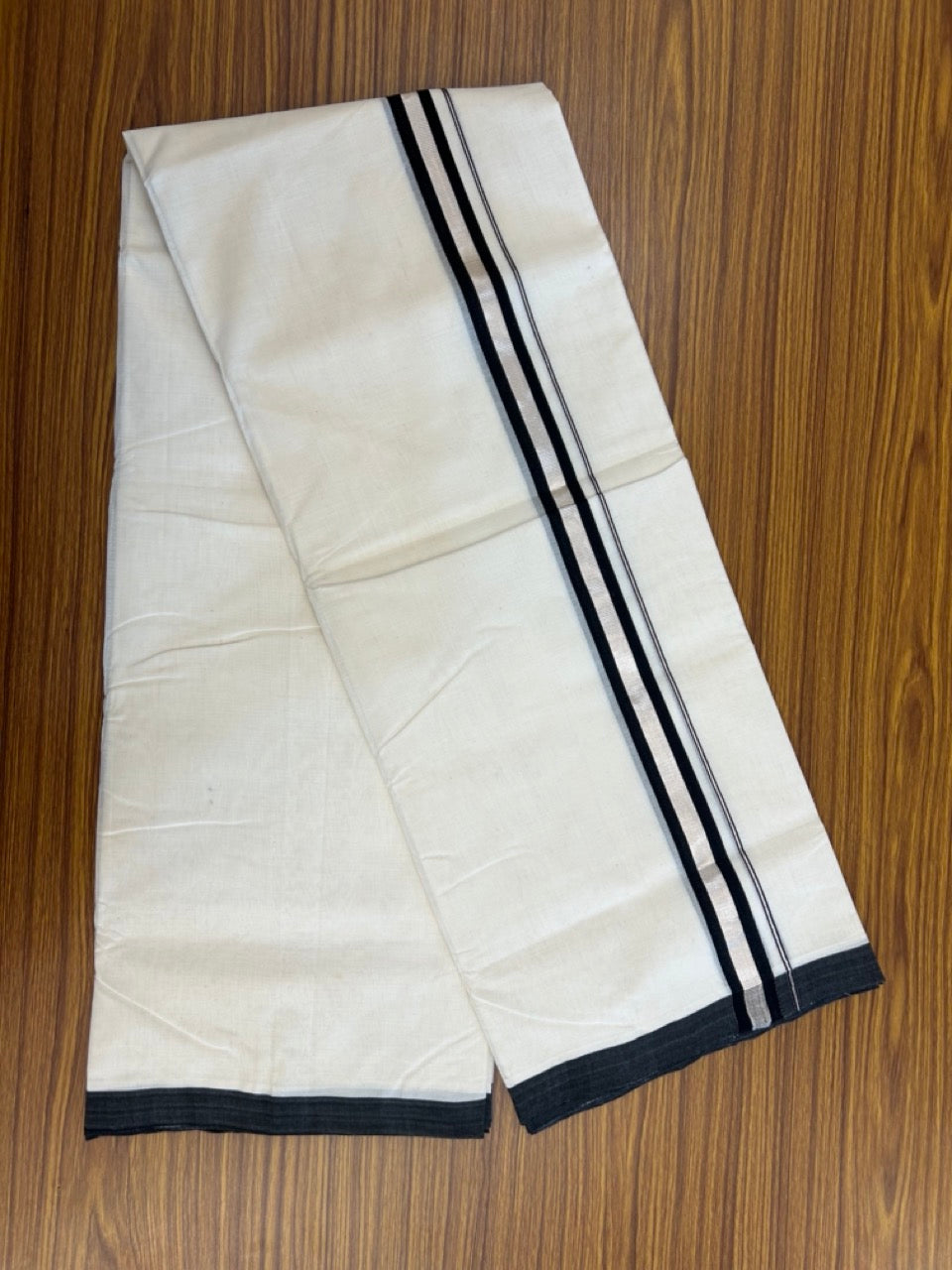 25% Discount ! KaithariKada Handloom Millpaav Balaramapuram - 100% PURE Cotton OFF White (Unbleached) Double Mundu/Dothi - 80x90 - 1 inch Silver Kasav & Black Kara 4 Meters (8.5 Muzham) - 30 KK5256 RAM