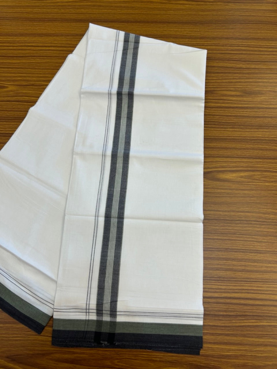 20% Discount! KaithariKada Balaramapuram 100% Cotton Double Pure white Mundu/Dhoti- 100X80 - 1.5 inch Green & Black striped Shaded kara - 3.90mtr ( 8 muzham) - 22 KK5280 VIN