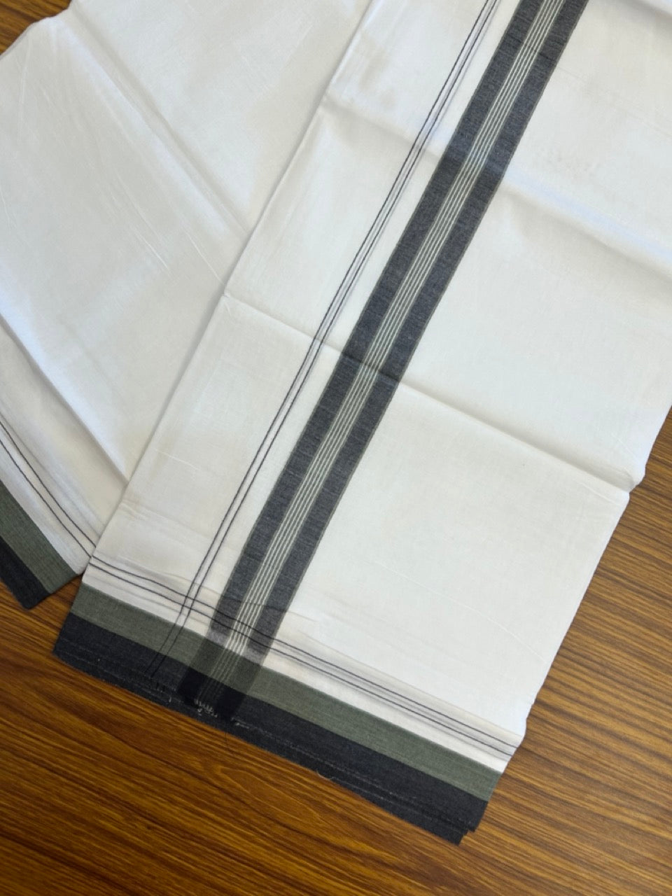 20% Discount! KaithariKada Balaramapuram 100% Cotton Double Pure white Mundu/Dhoti- 100X80 - 1.5 inch Green & Black striped Shaded kara - 3.90mtr ( 8 muzham) - 22 KK5280 VIN