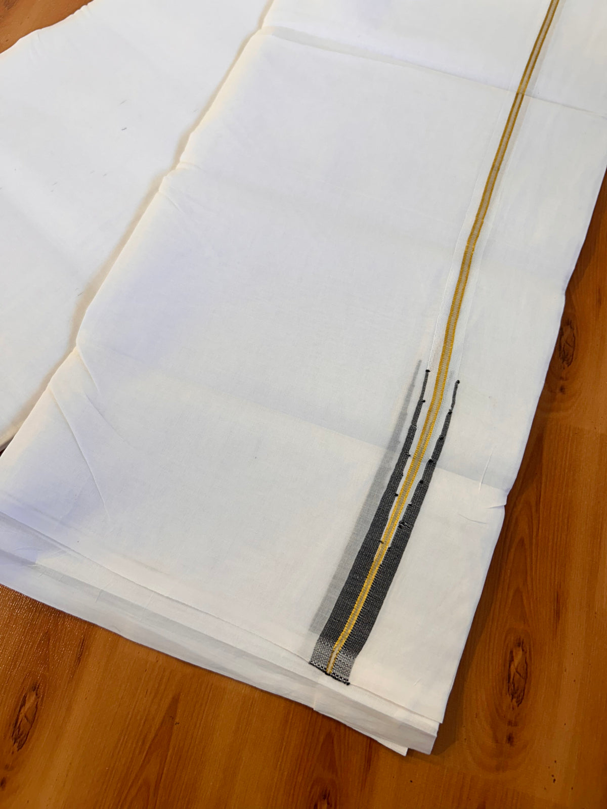 Pure White Double Mundu/Dhoti - 20% Discount! KaithariKada Pulimood - 100% Cotton - 100x100 - 0.75 inch Puliyilakkara Gold Kasav & Black Chutty Kara 4 mtr (8.5 muzham) - 17 KK5534 ASH
