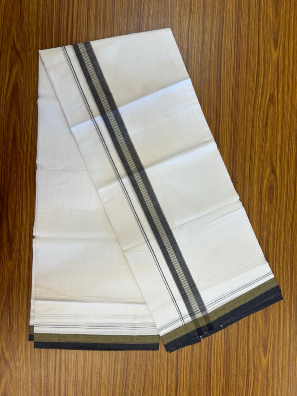20% Discount! KaithariKada Balaramapuram 100% Cotton Double Pure white Mundu/Dhoti- 100X80 - 1.5 inch Black & Mustard Yellow striped Shaded kara - 3.90mtr ( 8 muzham) - 24 KK5280 VIN