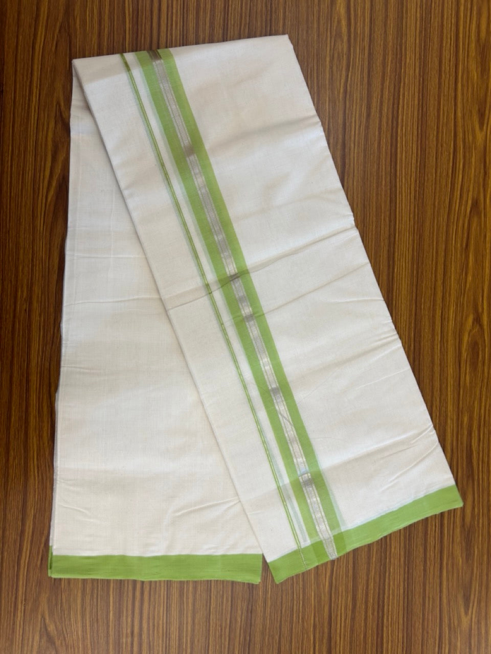 25% Discount ! KaithariKada Handloom Millpaav Balaramapuram - 100% PURE Cotton OFF White (Unbleached) Double Mundu/Dothi - 80x90 - 1.5 inch Silver Kasav & Light Green Shaded Striped Kara 4 Meters (8.5 Muzham) - 31 KK5256 RAM