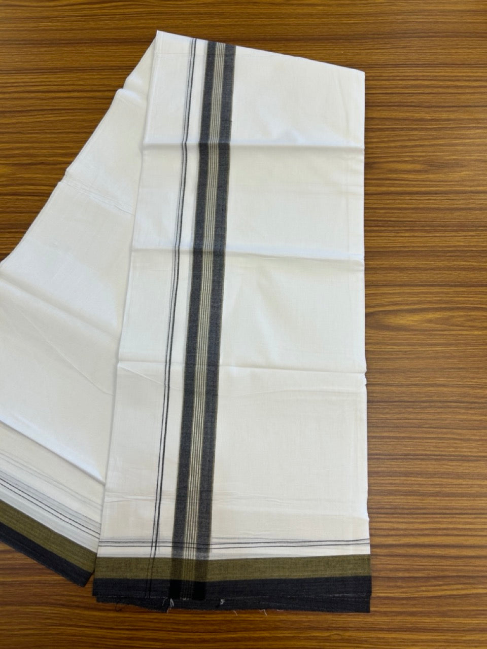 20% Discount! KaithariKada Balaramapuram 100% Cotton Double Pure white Mundu/Dhoti- 100X80 - 1.5 inch Black & Mustard Yellow striped Shaded kara - 3.90mtr ( 8 muzham) - 24 KK5280 VIN