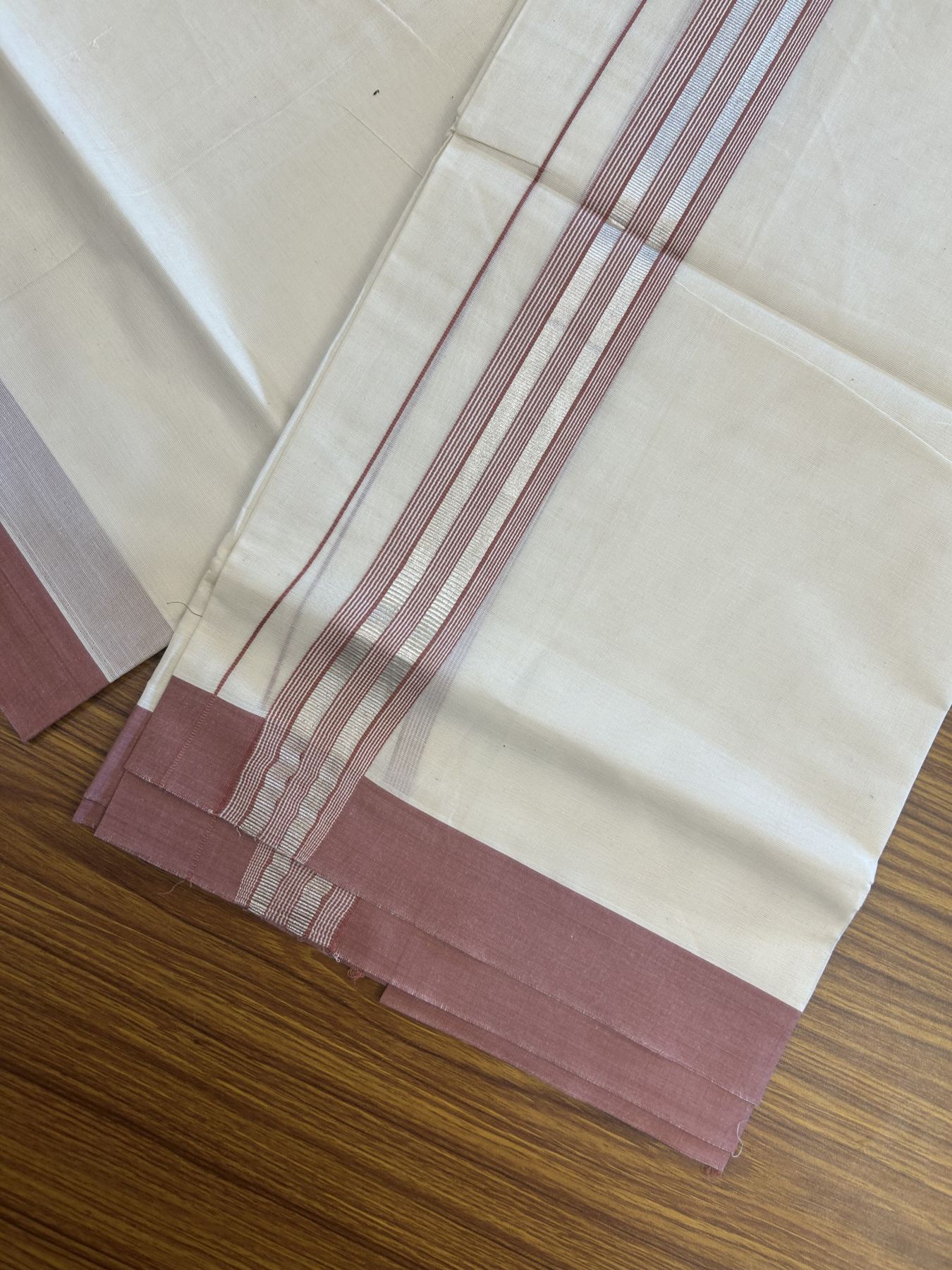 20% Discount !! KaithariKada Balaramapuram Double Off White (Unbleached) Mundu/Dhoti - 100x80 - 1.5 inch Dark Peach & Silver Striped kara 3.90 mtr (8 muzham) - 15 KK5313 PMC