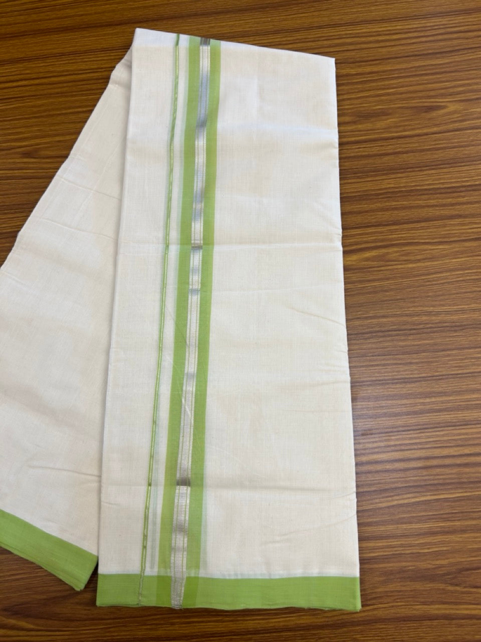 25% Discount ! KaithariKada Handloom Millpaav Balaramapuram - 100% PURE Cotton OFF White (Unbleached) Double Mundu/Dothi - 80x90 - 1.5 inch Silver Kasav & Light Green Shaded Striped Kara 4 Meters (8.5 Muzham) - 31 KK5256 RAM