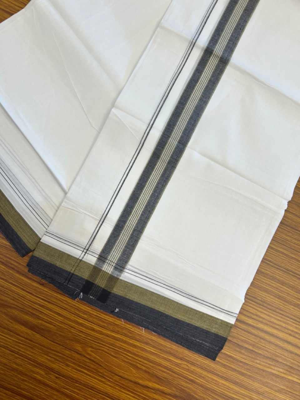 20% Discount! KaithariKada Balaramapuram 100% Cotton Double Pure white Mundu/Dhoti- 100X80 - 1.5 inch Black & Mustard Yellow striped Shaded kara - 3.90mtr ( 8 muzham) - 24 KK5280 VIN