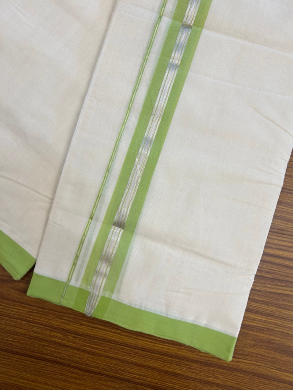 25% Discount ! KaithariKada Handloom Millpaav Balaramapuram - 100% PURE Cotton OFF White (Unbleached) Double Mundu/Dothi - 80x90 - 1.5 inch Silver Kasav & Light Green Shaded Striped Kara 4 Meters (8.5 Muzham) - 31 KK5256 RAM