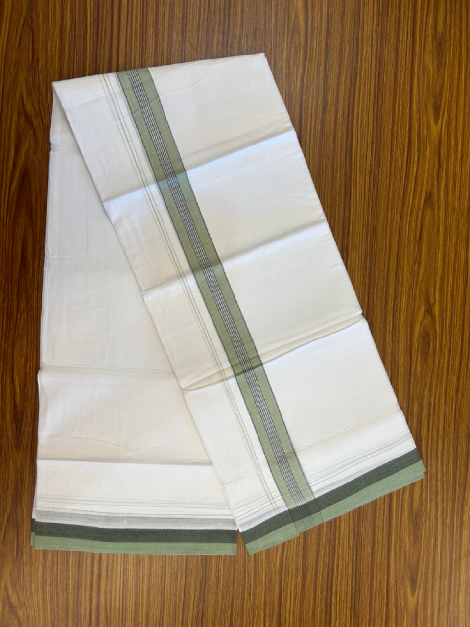 20% Discount! KaithariKada Balaramapuram 100% Cotton Double Pure white Mundu/Dhoti- 100X80 - 1.5 inch Black & Light Pista Green striped Shaded kara - 3.90mtr ( 8 muzham) - 25 KK5280 VIN
