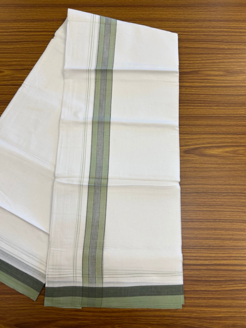 20% Discount! KaithariKada Balaramapuram 100% Cotton Double Pure white Mundu/Dhoti- 100X80 - 1.5 inch Black & Light Pista Green striped Shaded kara - 3.90mtr ( 8 muzham) - 25 KK5280 VIN