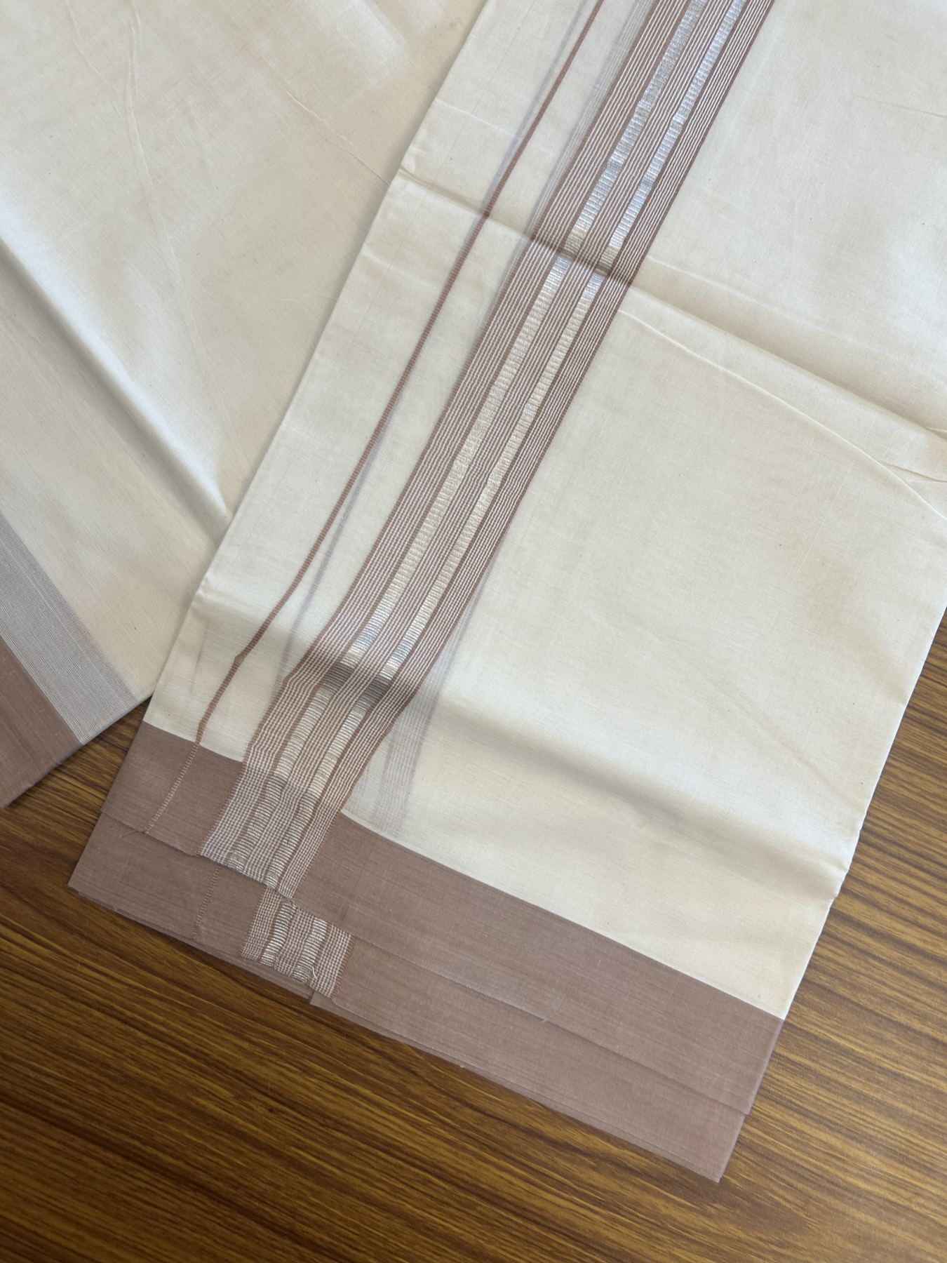 20% Discount !! KaithariKada Balaramapuram Double Off White (Unbleached) Mundu/Dhoti - 100x80 - 1.25 inch Light Brown & Silver Striped kara 3.90 mtr (8 muzham) - 12 KK5313 PMC
