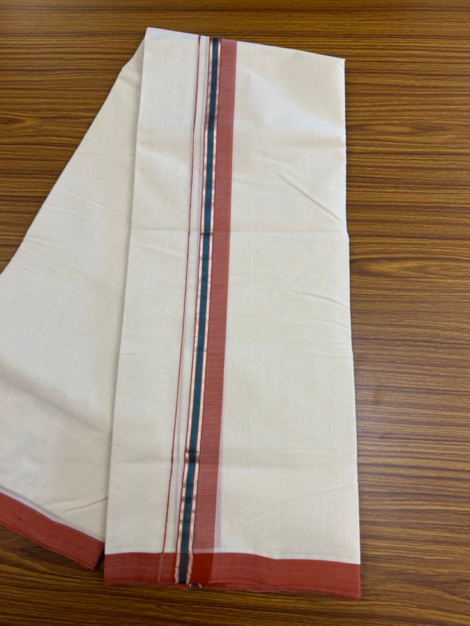25% Discount ! KaithariKada Handloom Millpaav Balaramapuram - 100% PURE Cotton OFF White (Unbleached) Double Mundu/Dothi - 80x90 - 1.5 inch Silver Kasav Peacock Blue & Brick Orange Shaded Striped Kara 4 Meters (8.5 Muzham) - 32 KK5256 RAM