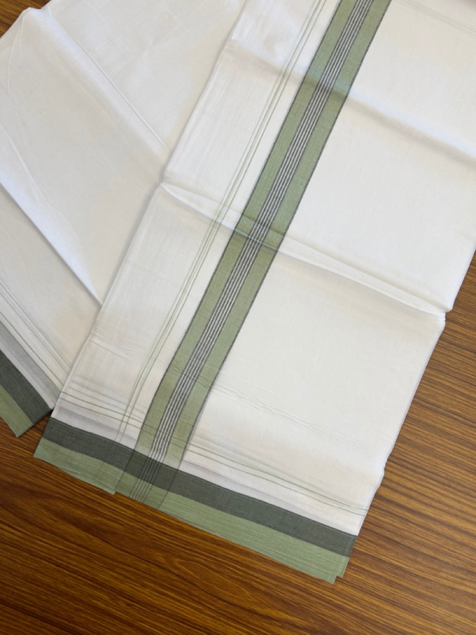 20% Discount! KaithariKada Balaramapuram 100% Cotton Double Pure white Mundu/Dhoti- 100X80 - 1.5 inch Black & Light Pista Green striped Shaded kara - 3.90mtr ( 8 muzham) - 25 KK5280 VIN