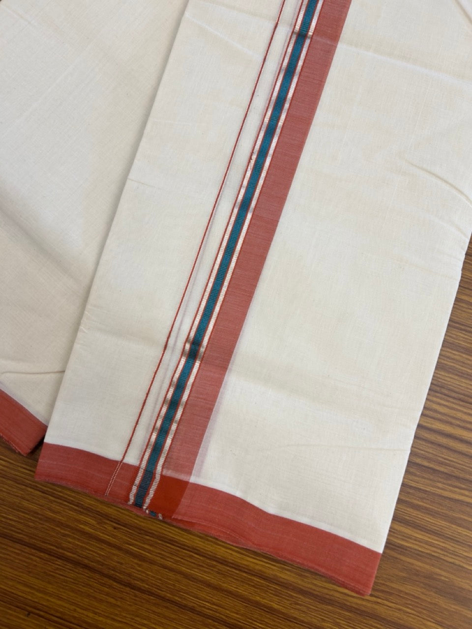 25% Discount ! KaithariKada Handloom Millpaav Balaramapuram - 100% PURE Cotton OFF White (Unbleached) Double Mundu/Dothi - 80x90 - 1.5 inch Silver Kasav Peacock Blue & Brick Orange Shaded Striped Kara 4 Meters (8.5 Muzham) - 32 KK5256 RAM