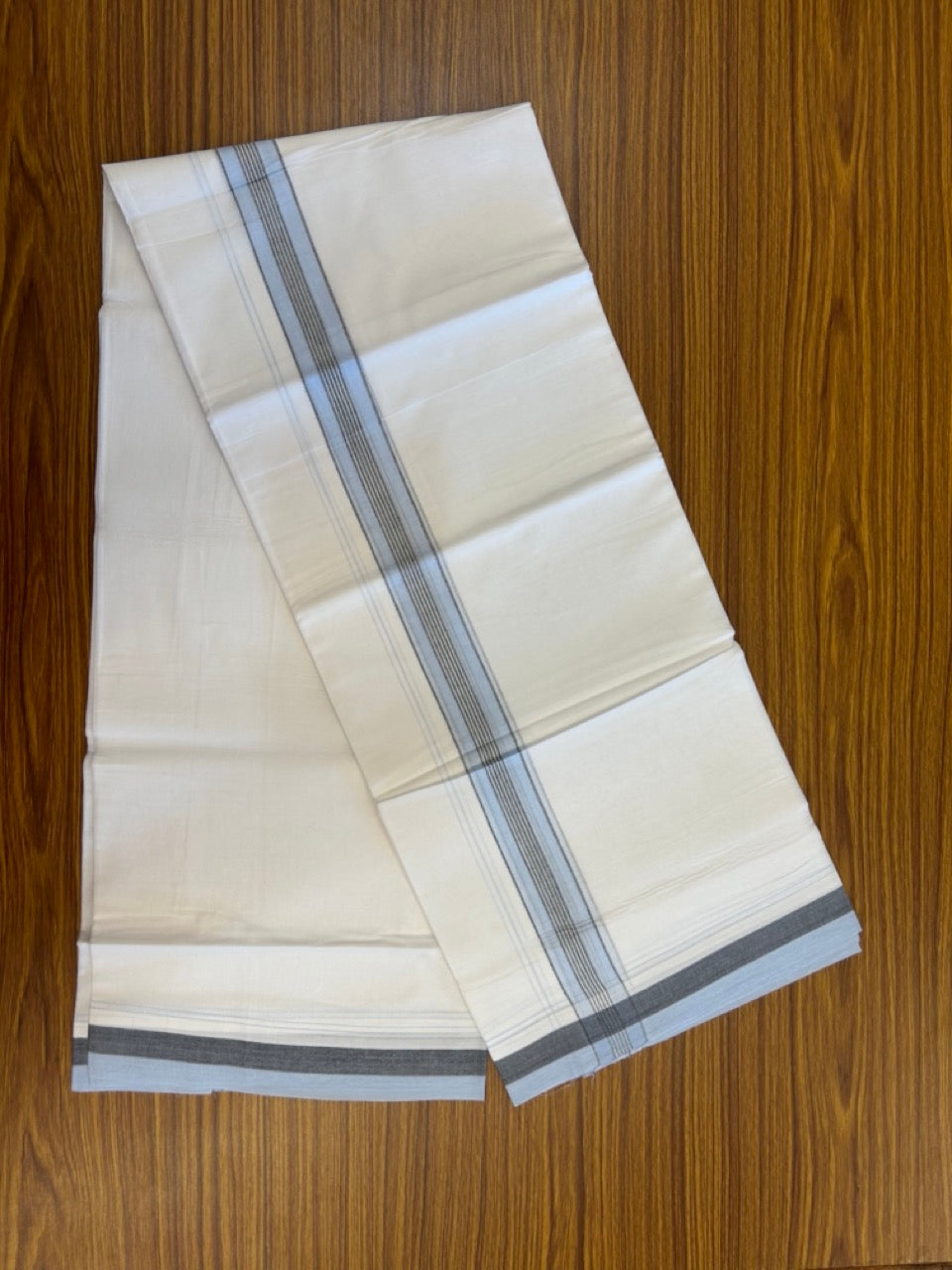 20% Discount! KaithariKada Balaramapuram 100% Cotton Double Pure white Mundu/Dhoti- 100X80 - 1.5 inch Sky Blue & Black striped Shaded kara - 3.90mtr ( 8 muzham) - 20 KK5280 VIN