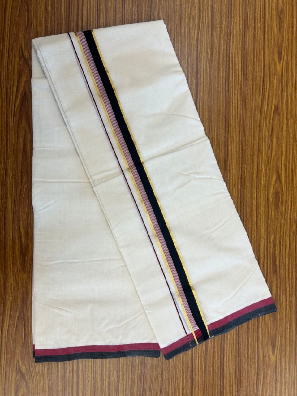 25% Discount ! KaithariKada Handloom Millpaav Balaramapuram - 100% PURE Cotton OFF White (Unbleached) Double Mundu/Dothi - 80x90 - 1.5 inch Gold Kasav Black & Maroon Striped Kara 4 Meters (8.5 Muzham) - 33 KK5256 RAM