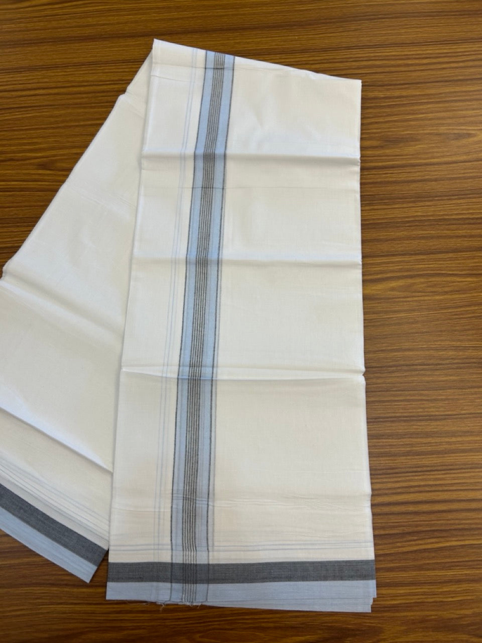 20% Discount! KaithariKada Balaramapuram 100% Cotton Double Pure white Mundu/Dhoti- 100X80 - 1.5 inch Sky Blue & Black striped Shaded kara - 3.90mtr ( 8 muzham) - 20 KK5280 VIN