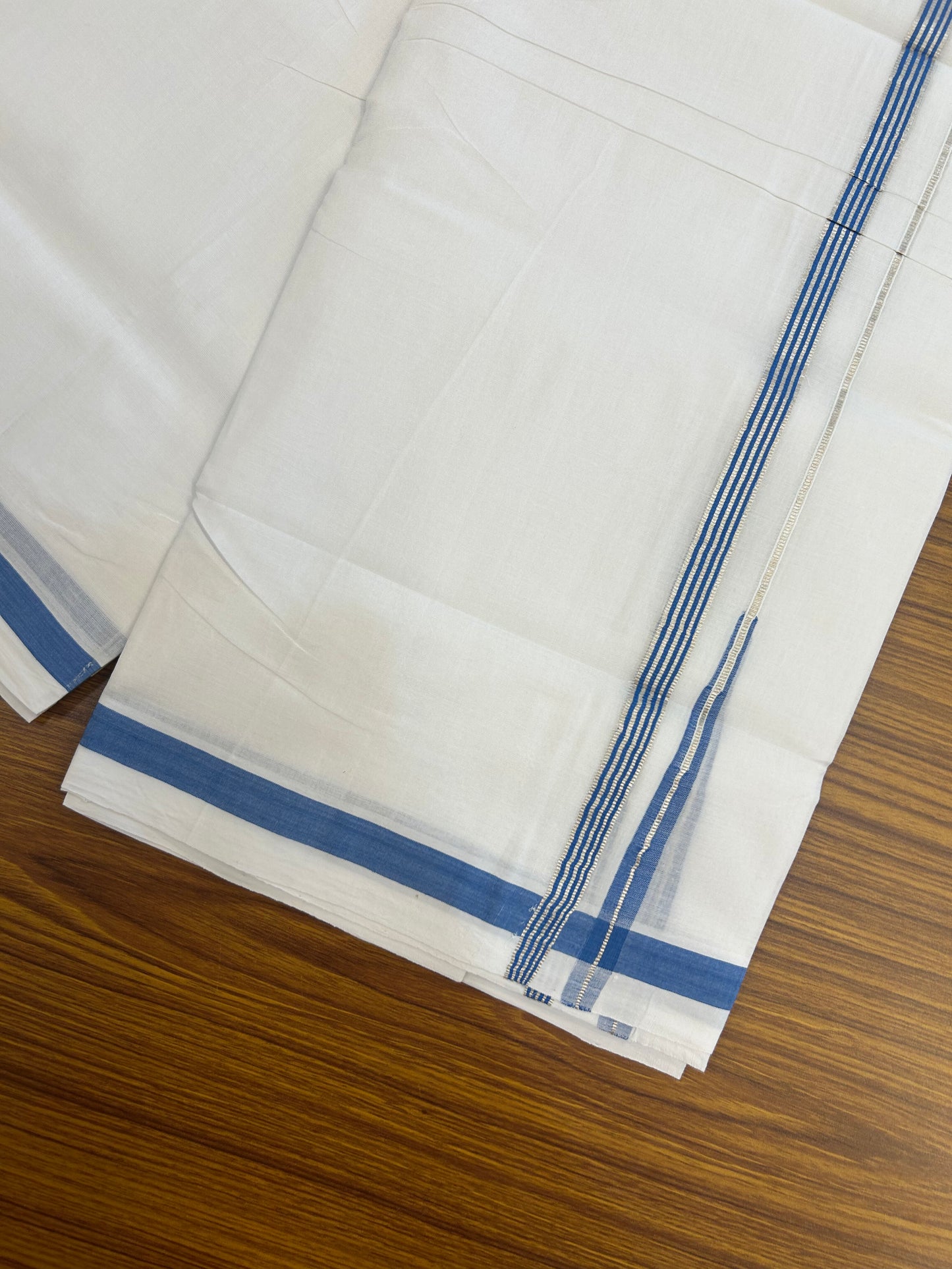 25% Discount ! KaithariKada Handloom Unakkupaav - Kerala Handloom - 100% Pure Cotton Double Mundu/Dhoti Pure white - 80x90 - 1.5 cm Silver Kasav & Blue Stripes Chutty Kara 3.80 mtr (8 Muzham) - 34 KK5369 YAR