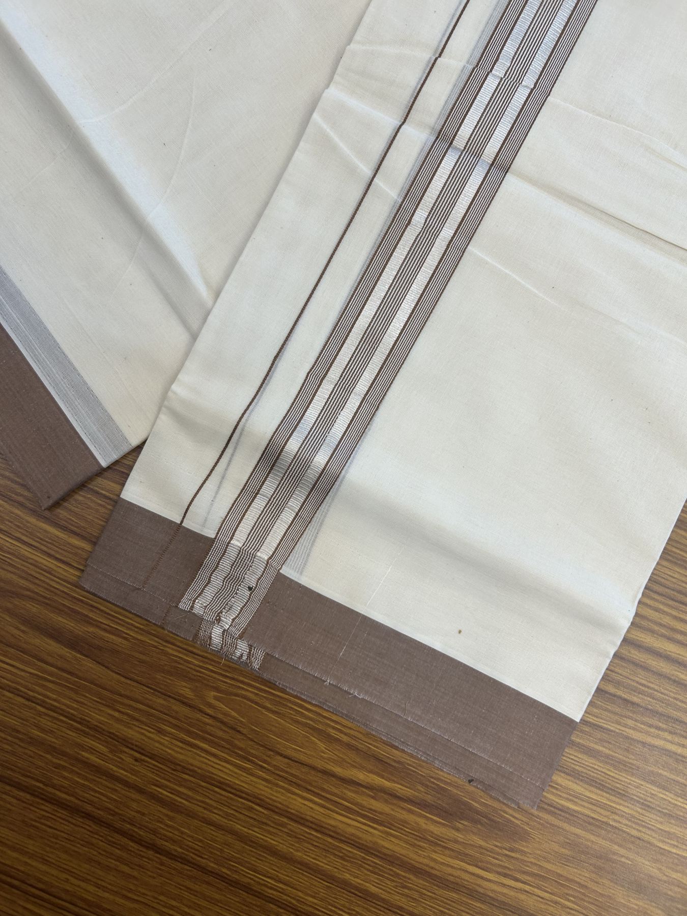 20% Discount !! KaithariKada Balaramapuram Double Off White (Unbleached) Mundu/Dhoti - 100x80 - 1.25 inch Brown & Silver Striped kara 3.90 mtr (8 muzham) - 13 KK5313 PMC