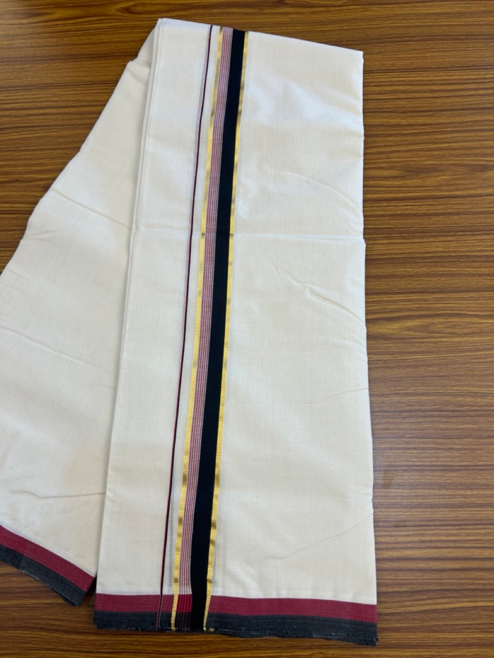 25% Discount ! KaithariKada Handloom Millpaav Balaramapuram - 100% PURE Cotton OFF White (Unbleached) Double Mundu/Dothi - 80x90 - 1.5 inch Gold Kasav Black & Maroon Striped Kara 4 Meters (8.5 Muzham) - 33 KK5256 RAM