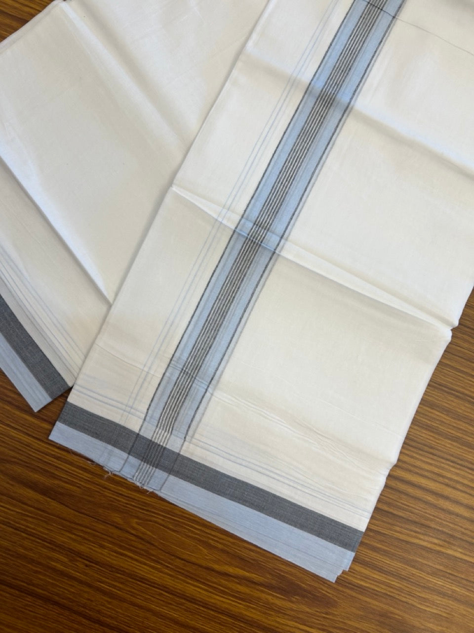 20% Discount! KaithariKada Balaramapuram 100% Cotton Double Pure white Mundu/Dhoti- 100X80 - 1.5 inch Sky Blue & Black striped Shaded kara - 3.90mtr ( 8 muzham) - 20 KK5280 VIN