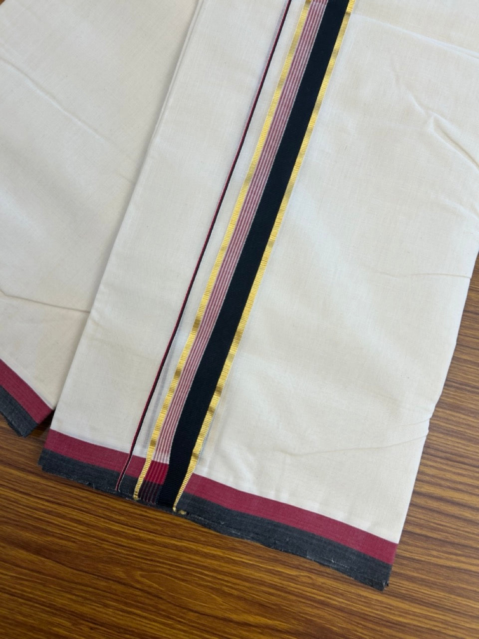 25% Discount ! KaithariKada Handloom Millpaav Balaramapuram - 100% PURE Cotton OFF White (Unbleached) Double Mundu/Dothi - 80x90 - 1.5 inch Gold Kasav Black & Maroon Striped Kara 4 Meters (8.5 Muzham) - 33 KK5256 RAM