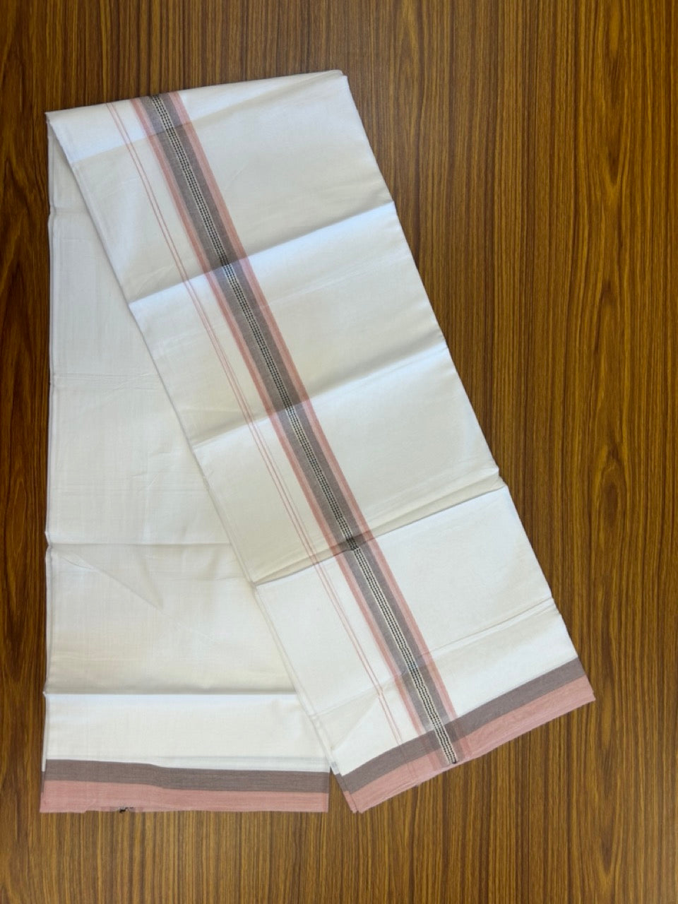 20% Discount! KaithariKada Balaramapuram 100% Cotton Double Pure white Mundu/Dhoti- 100X80 - 1.5 inch Silver kasav Dusty Peach & Black striped Shaded kara - 3.90mtr ( 8 muzham) - 29 KK5280 VIN