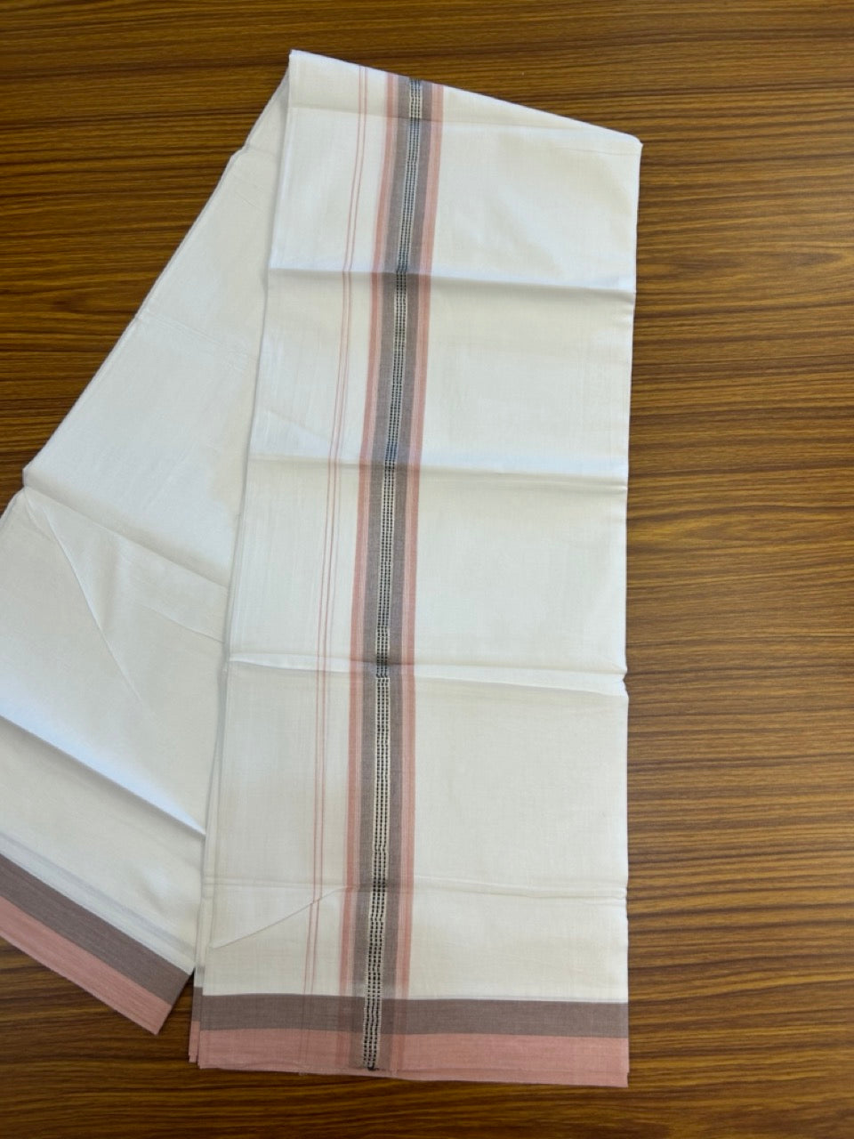 20% Discount! KaithariKada Balaramapuram 100% Cotton Double Pure white Mundu/Dhoti- 100X80 - 1.5 inch Silver kasav Dusty Peach & Black striped Shaded kara - 3.90mtr ( 8 muzham) - 29 KK5280 VIN