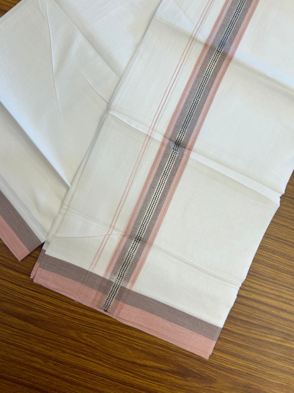 20% Discount! KaithariKada Balaramapuram 100% Cotton Double Pure white Mundu/Dhoti- 100X80 - 1.5 inch Silver kasav Dusty Peach & Black striped Shaded kara - 3.90mtr ( 8 muzham) - 29 KK5280 VIN