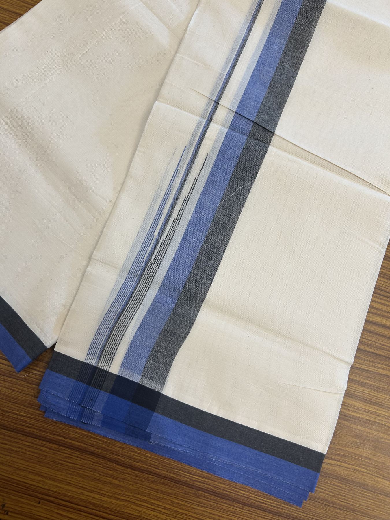 20% Discount ! Kaitharikada Balaramapuram 100% Pure Cotton Double Off white (Unbleached) Mundu/Dhoti - 100x80 - 1.5 inch Black & Blue Shaded Stripes Chutty Kara 3.90 mtr (8 muzham) - 22 KK5313 PMC