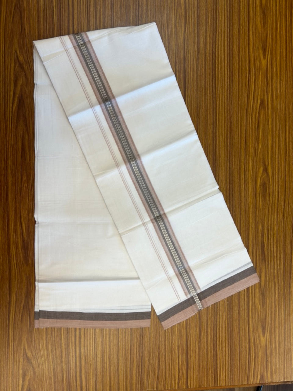20% Discount! KaithariKada Balaramapuram 100% Cotton Double Pure white Mundu/Dhoti- 100X80 - 1.5 inch Silver kasav Dusty Peach & Brown striped Shaded kara - 3.90mtr ( 8 muzham) - 33 KK5280 VIN