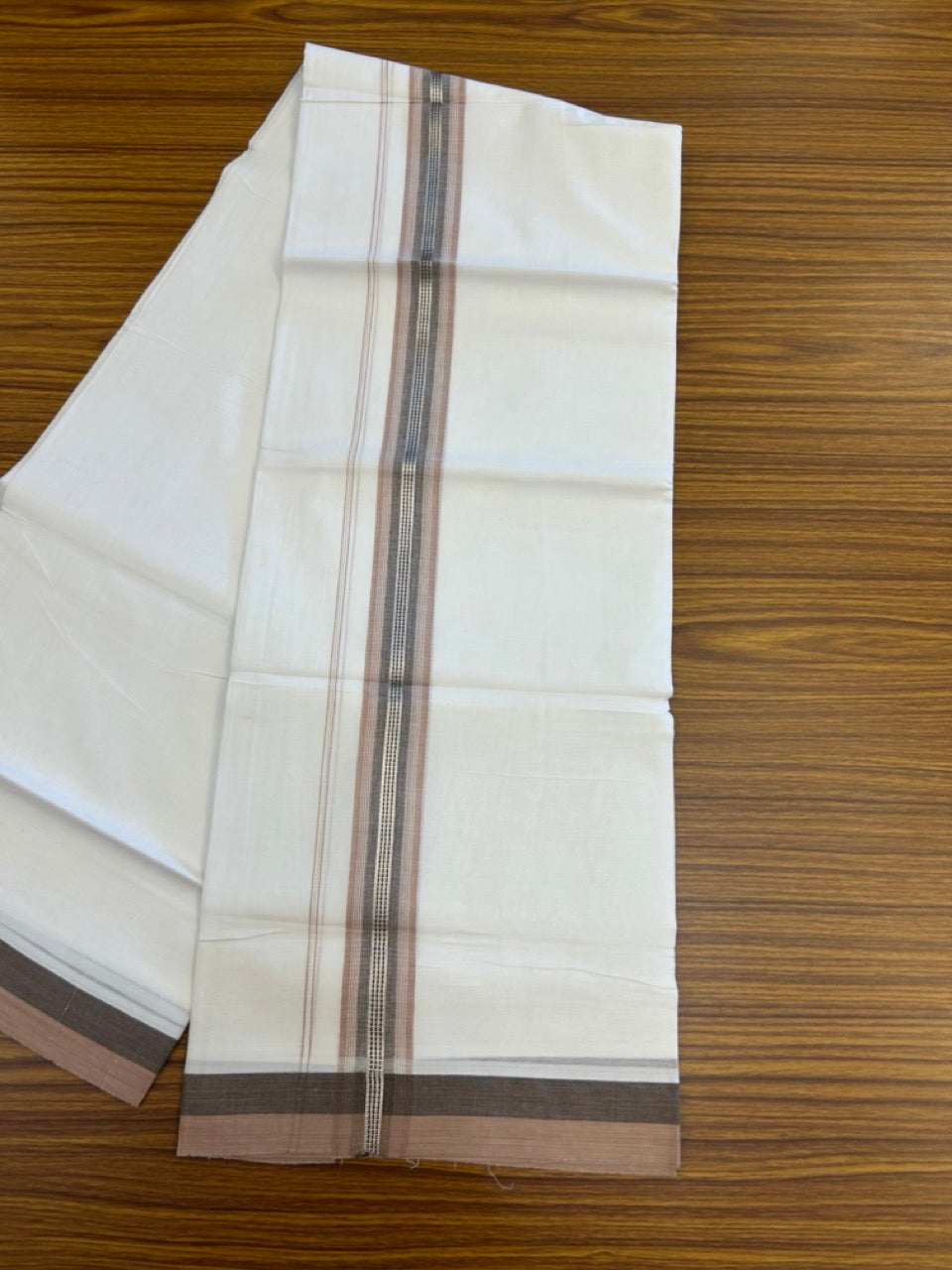 20% Discount! KaithariKada Balaramapuram 100% Cotton Double Pure white Mundu/Dhoti- 100X80 - 1.5 inch Silver kasav Dusty Peach & Brown striped Shaded kara - 3.90mtr ( 8 muzham) - 33 KK5280 VIN