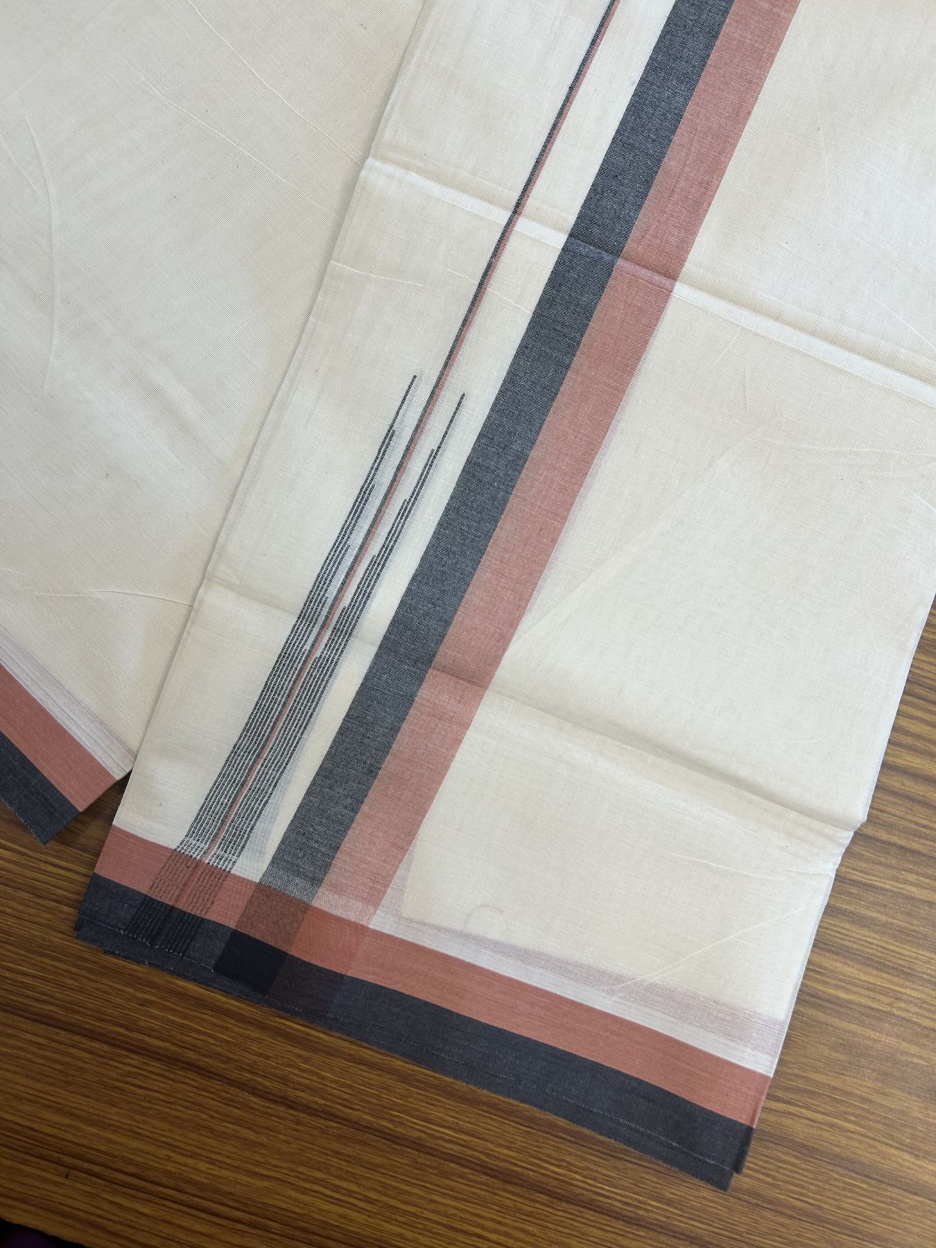 20% Discount ! Kaitharikada Balaramapuram 100% Pure Cotton Double Off white (Unbleached) Mundu/Dhoti - 100x80 - 1.5 inch Black & Brick Brown Shaded Stripes Chutty Kara 3.90 mtr (8 muzham) - 23 KK5313 PMC