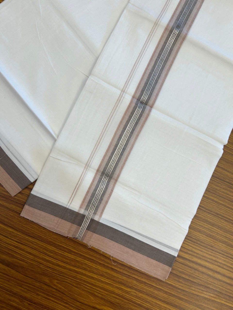 20% Discount! KaithariKada Balaramapuram 100% Cotton Double Pure white Mundu/Dhoti- 100X80 - 1.5 inch Silver kasav Dusty Peach & Brown striped Shaded kara - 3.90mtr ( 8 muzham) - 33 KK5280 VIN