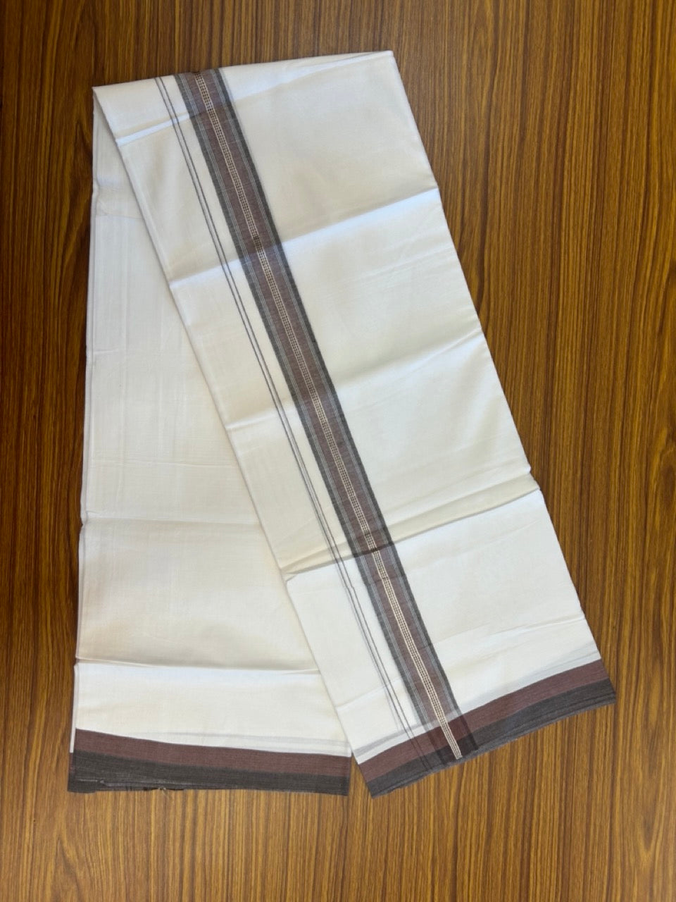 20% Discount! KaithariKada Balaramapuram 100% Cotton Double Pure white Mundu/Dhoti- 100X80 - 1.5 inch Silver kasav Deep Brown & Coffee Brown striped Shaded kara - 3.90mtr ( 8 muzham) - 34 KK5280 VIN