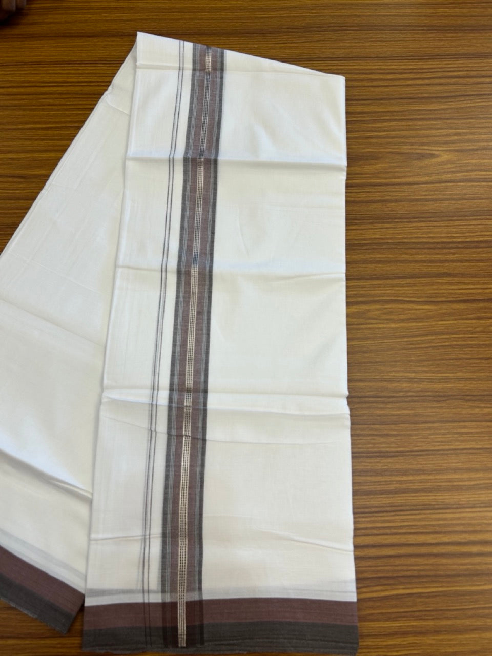 20% Discount! KaithariKada Balaramapuram 100% Cotton Double Pure white Mundu/Dhoti- 100X80 - 1.5 inch Silver kasav Deep Brown & Coffee Brown striped Shaded kara - 3.90mtr ( 8 muzham) - 34 KK5280 VIN