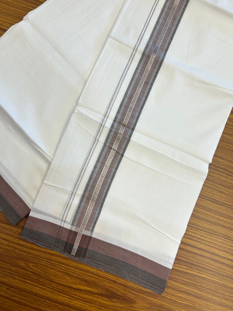20% Discount! KaithariKada Balaramapuram 100% Cotton Double Pure white Mundu/Dhoti- 100X80 - 1.5 inch Silver kasav Deep Brown & Coffee Brown striped Shaded kara - 3.90mtr ( 8 muzham) - 34 KK5280 VIN