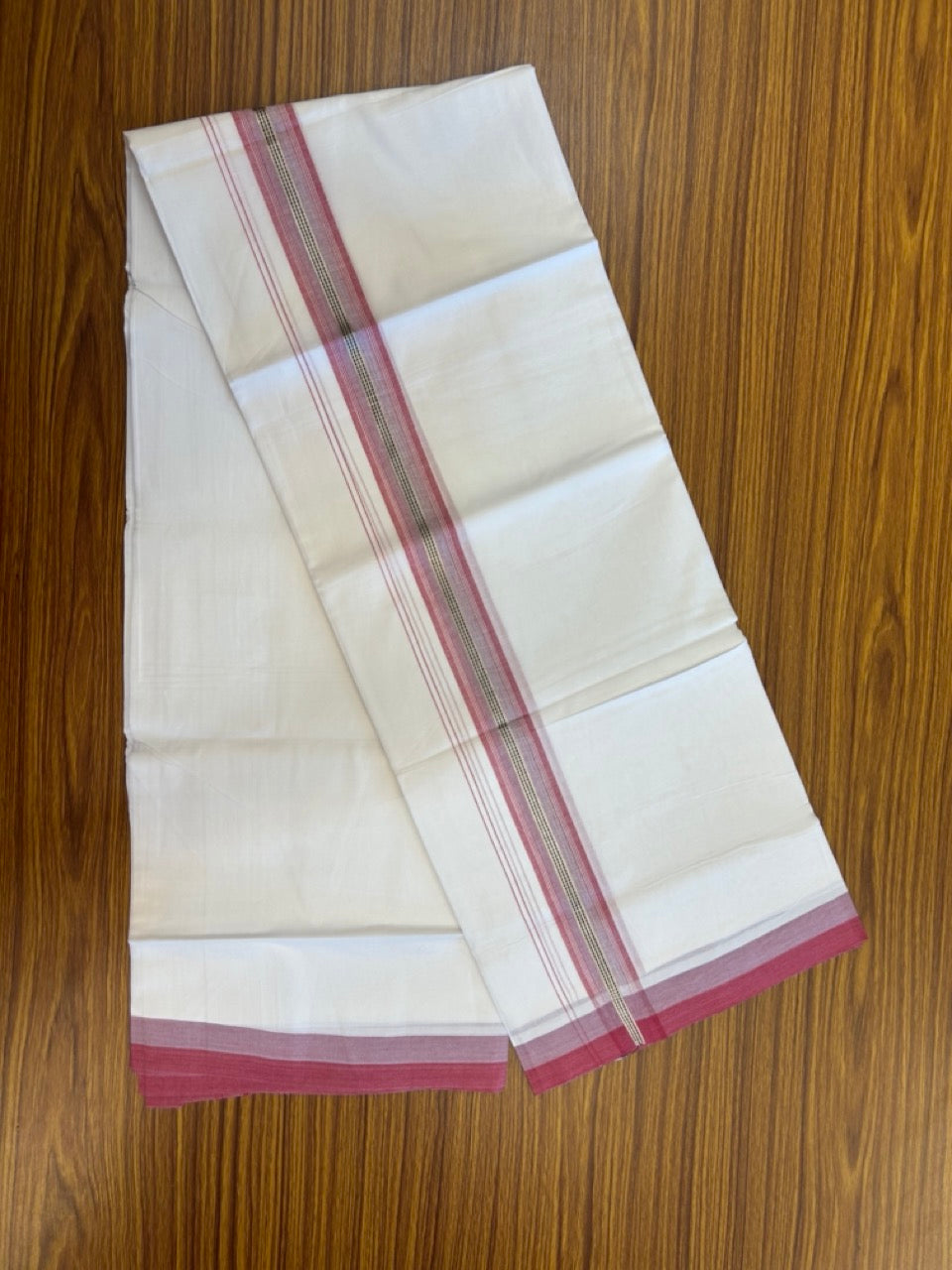 20% Discount! KaithariKada Balaramapuram 100% Cotton Double Pure white Mundu/Dhoti- 100X80 - 1.5 inch Silver kasav Lavender pink & Rose striped Shaded kara - 3.90mtr ( 8 muzham) - 30 KK5280 VIN
