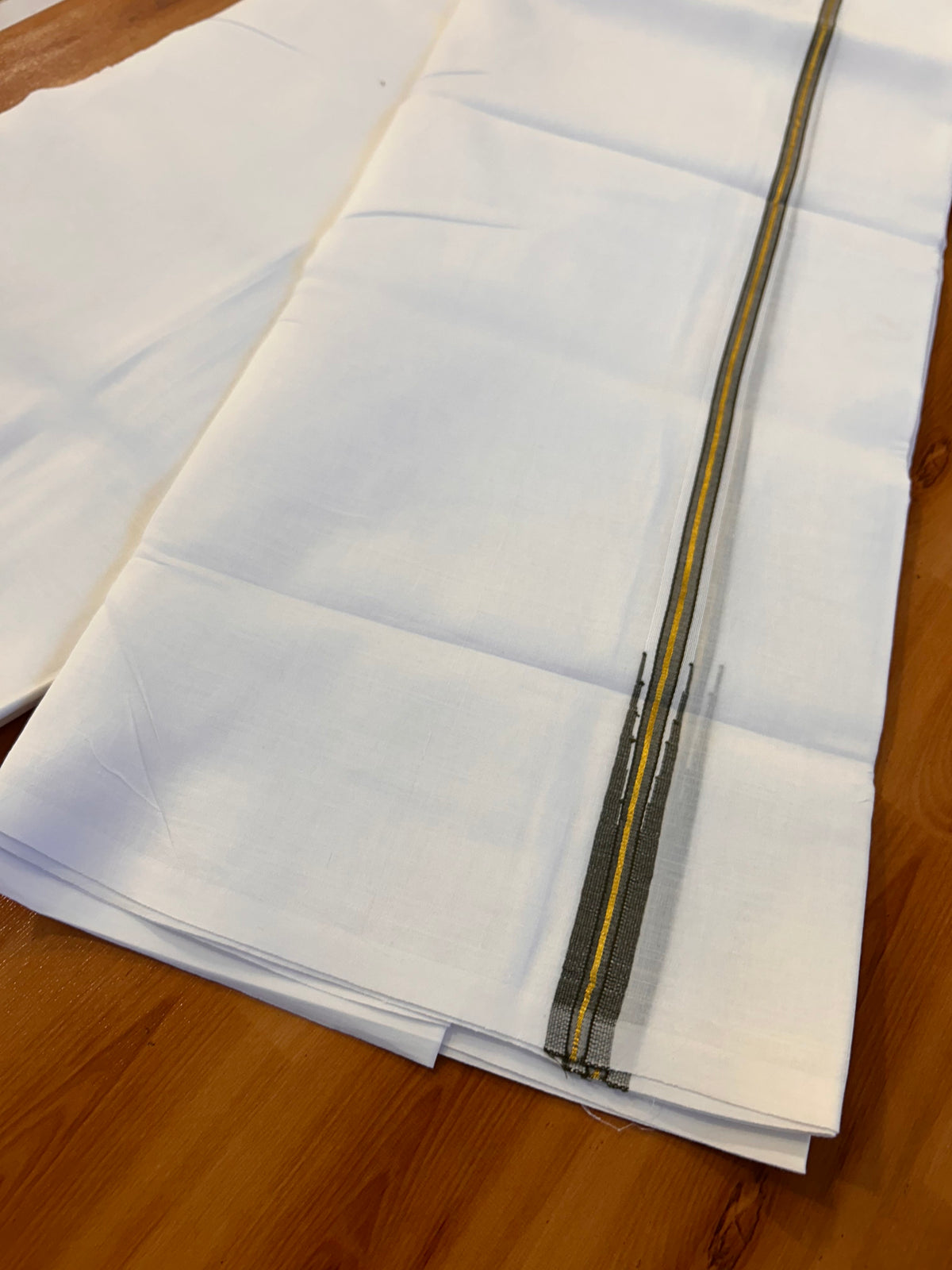 Pure White Double Mundu/Dhoti - 20% Discount! KaithariKada Pulimood - 100% Cotton - 100x100 - 0.75 inch Puliyilakkara Gold Kasav & Olive Green Chutty 4 mtr (8.5 muzham) - 18 KK5534 ASH