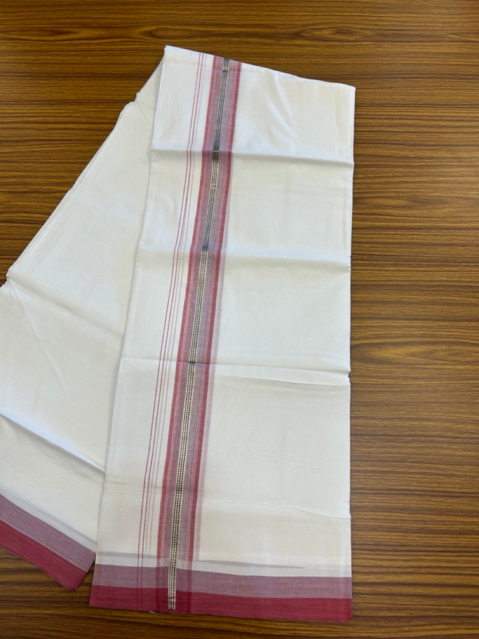 20% Discount! KaithariKada Balaramapuram 100% Cotton Double Pure white Mundu/Dhoti- 100X80 - 1.5 inch Silver kasav Lavender pink & Rose striped Shaded kara - 3.90mtr ( 8 muzham) - 30 KK5280 VIN
