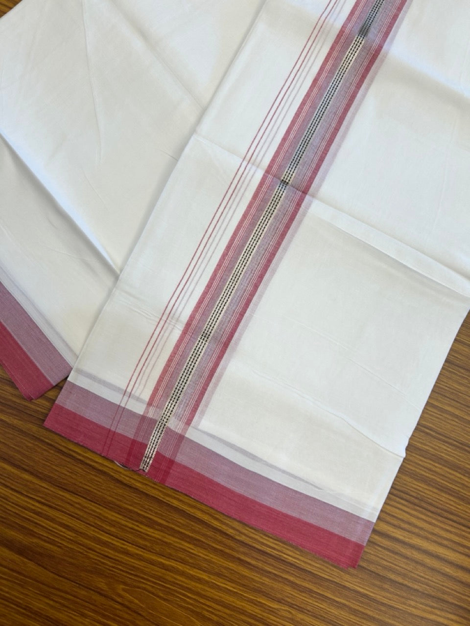 20% Discount! KaithariKada Balaramapuram 100% Cotton Double Pure white Mundu/Dhoti- 100X80 - 1.5 inch Silver kasav Lavender pink & Rose striped Shaded kara - 3.90mtr ( 8 muzham) - 30 KK5280 VIN