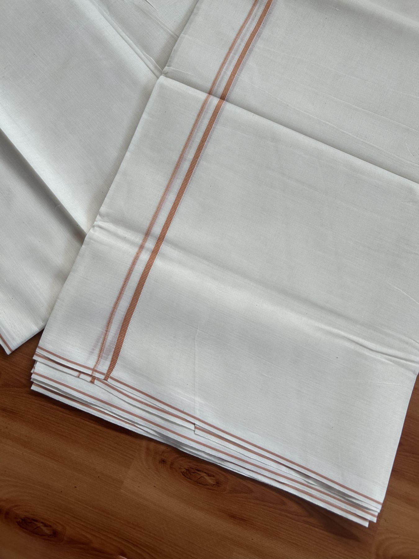 20% Discount! KaithariKada Balaramapuram 100% Cotton Double Off white - (Unbleached) - Mundu/Dhoti-100x80 - 0.3 cm Peach Orange Thin Kara 4.23 mtr (9.06 Muzham) - 86 KK5382 VIN