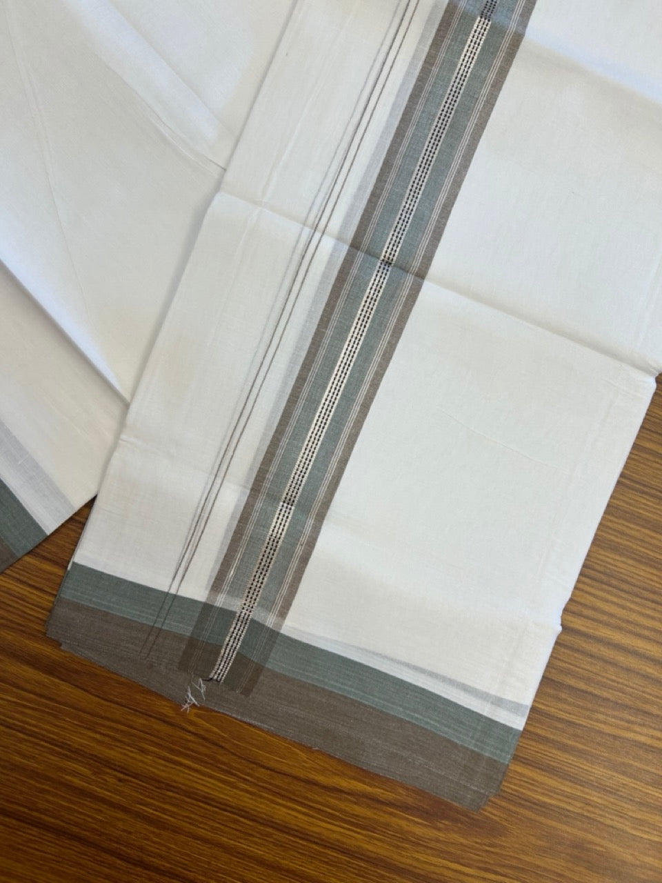 20% Discount! KaithariKada Balaramapuram 100% Cotton Double Pure white Mundu/Dhoti- 100X80 - 1.5 inch Silver kasav Steel Teal Green & Coffee Brown striped Shaded kara - 3.90mtr ( 8 muzham) - 35 KK5280 VIN
