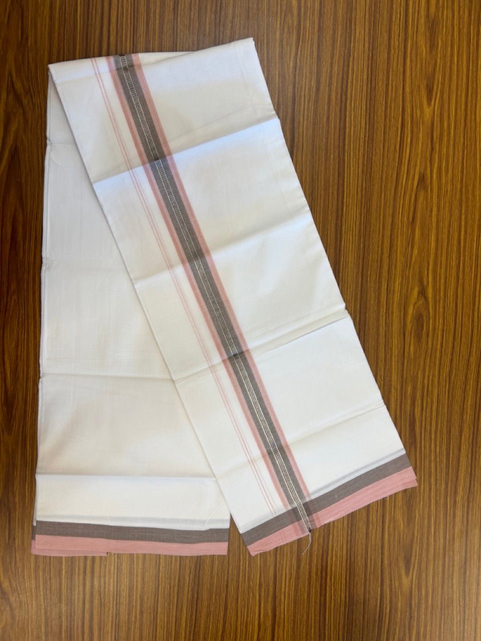 20% Discount! KaithariKada Balaramapuram 100% Cotton Double Pure white Mundu/Dhoti- 100X80 - 1.5 inch Silver kasav Dusty Peach & Ash Black striped Shaded kara - 3.90mtr ( 8 muzham) - 31 KK5280 VIN
