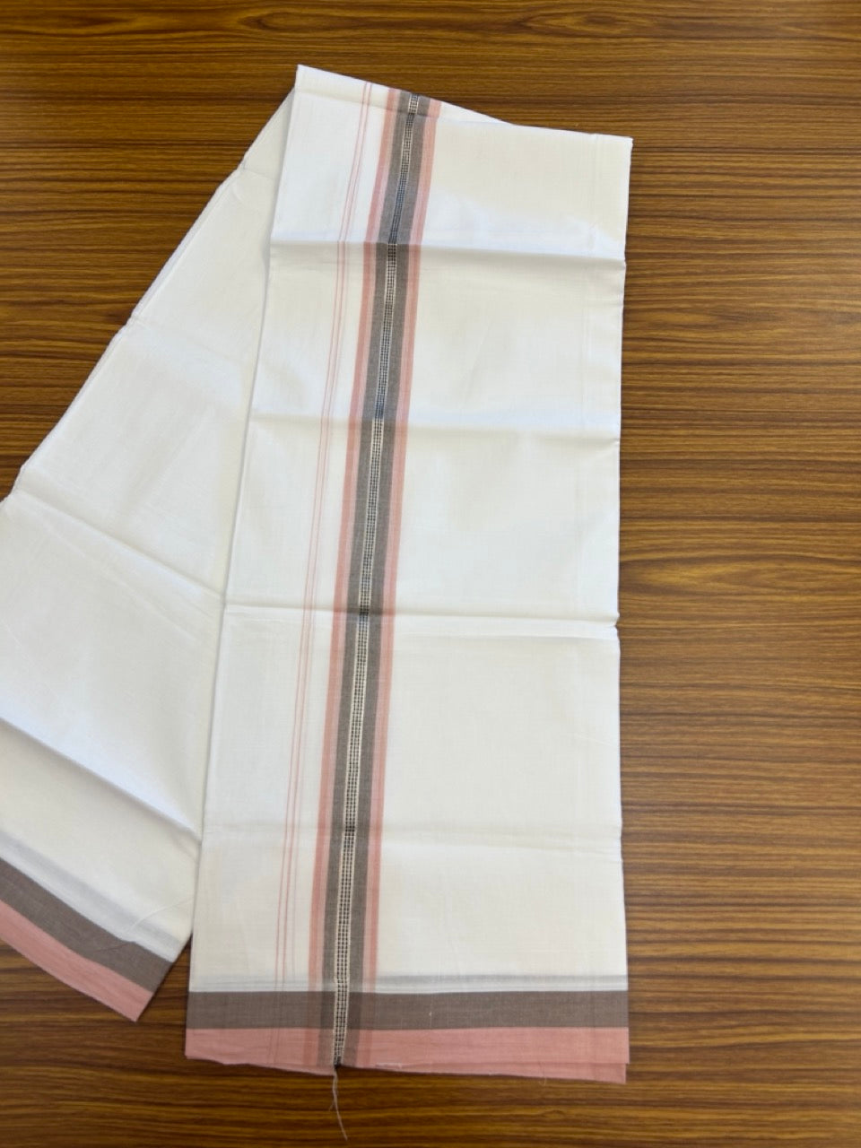 20% Discount! KaithariKada Balaramapuram 100% Cotton Double Pure white Mundu/Dhoti- 100X80 - 1.5 inch Silver kasav Dusty Peach & Ash Black striped Shaded kara - 3.90mtr ( 8 muzham) - 31 KK5280 VIN