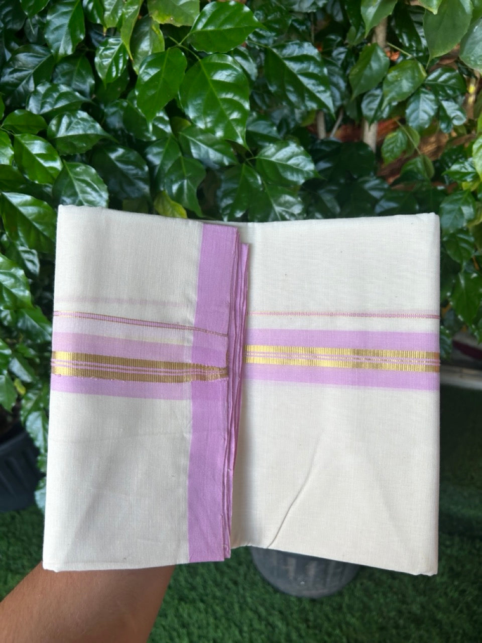 25% Discount! KaithariKada Handloom Millpaav Balaramapuram - Cotton Double Mundu/Dhoti Off white (Unbleached) - 80x90 - 1.5 inch Kasav & Baby Pink shaded striped Kara 3.60 meter (8 Muzham) - 70 KK5256 RAM