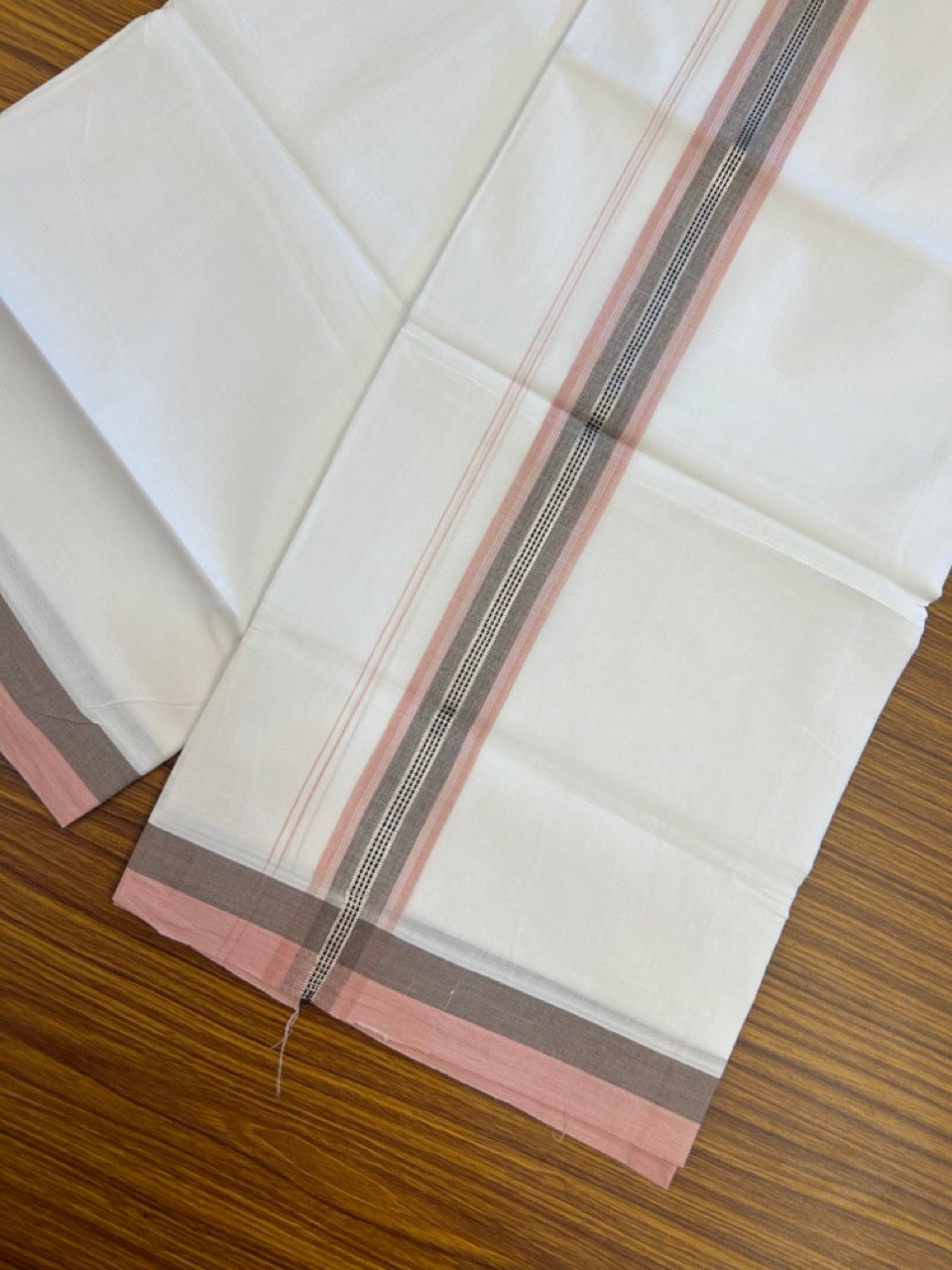 20% Discount! KaithariKada Balaramapuram 100% Cotton Double Pure white Mundu/Dhoti- 100X80 - 1.5 inch Silver kasav Dusty Peach & Ash Black striped Shaded kara - 3.90mtr ( 8 muzham) - 31 KK5280 VIN
